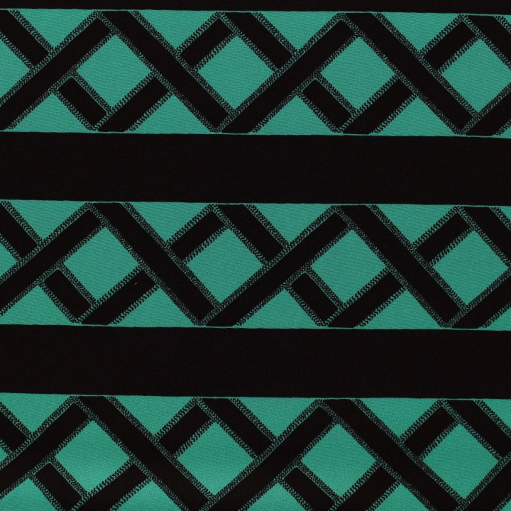 Tissu satin de soie noir imprimé géométrique turquoise