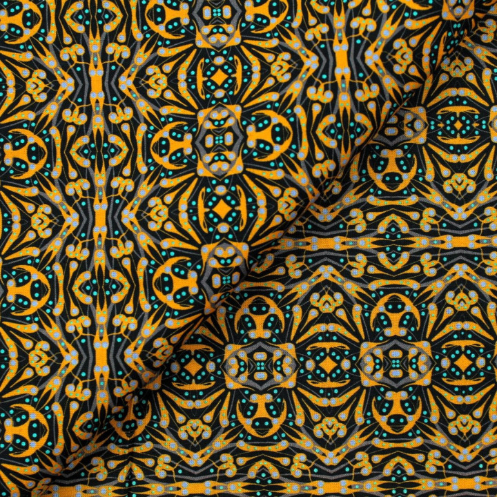 Tissu coton noir imprimé géométrique orange