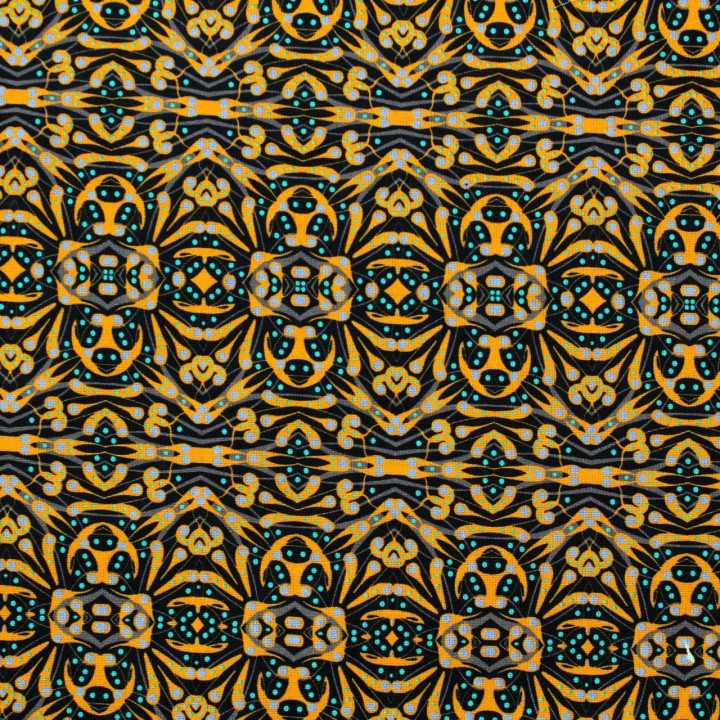 Tissu coton noir imprimé géométrique orange