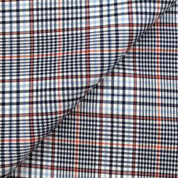 Tissu écossais blanc, bleu ciel et marine, orange