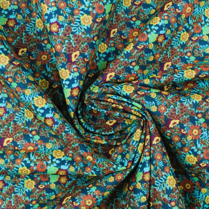 Tissu coton vert bouteille imprimé géométrique jaune