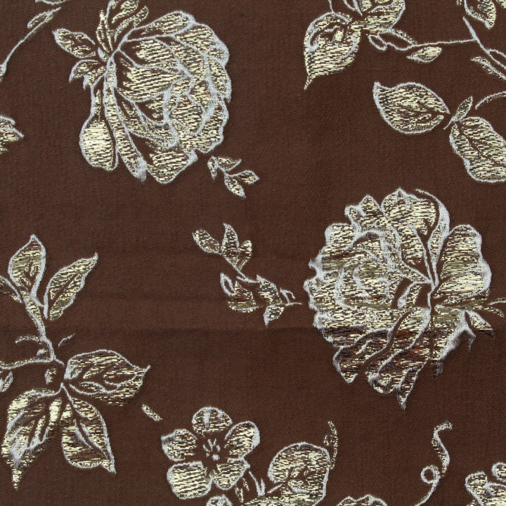 Tissu brocart marron chocolat motif floral doré