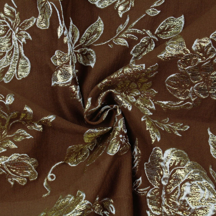 Tissu brocart marron chocolat motif floral doré