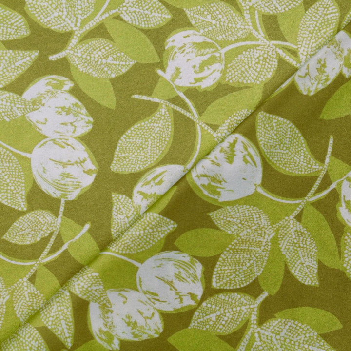 Tissu satin de soie vert olive imprimé fleuri - Made in Italy