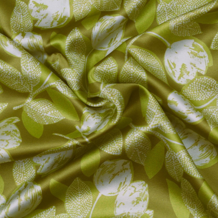 Tissu satin de soie vert olive imprimé fleuri - Made in Italy