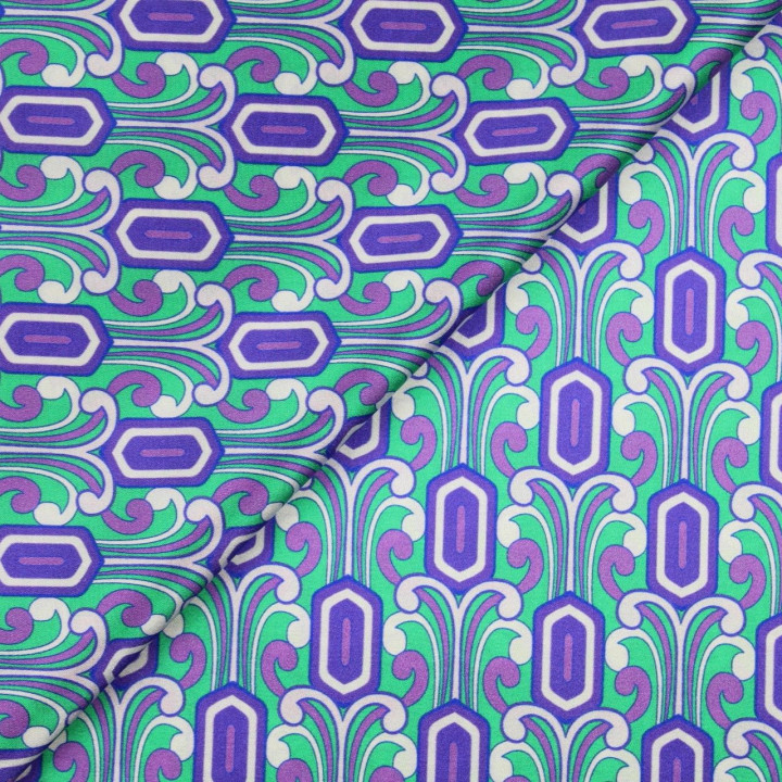 Tissu satin de soie vert imprimé fleuri géométrique - Made in Italy