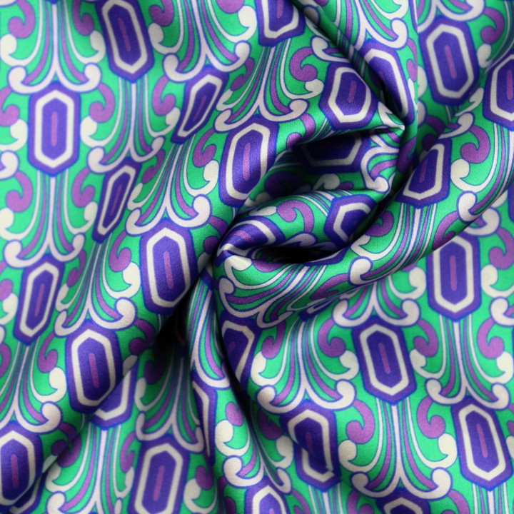 Tissu satin de soie vert imprimé fleuri géométrique - Made in Italy