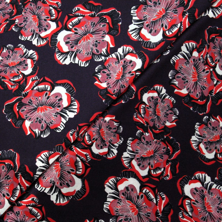 Tissu satin de soie aubergine imprimé fleuri  - Made in Italy