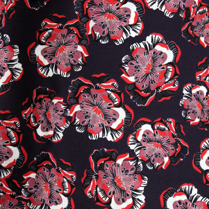 Tissu satin de soie aubergine imprimé fleuri  - Made in Italy
