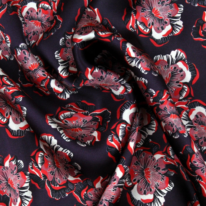 Tissu satin de soie aubergine imprimé fleuri  - Made in Italy