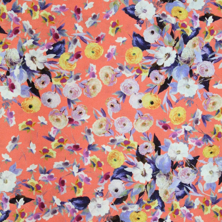 Tissu satin de soie saumon imprimé fleuri jaune  - Made in Italy