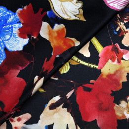 Tissu satin de soie noir imprimé fleuri  - Made in Italy
