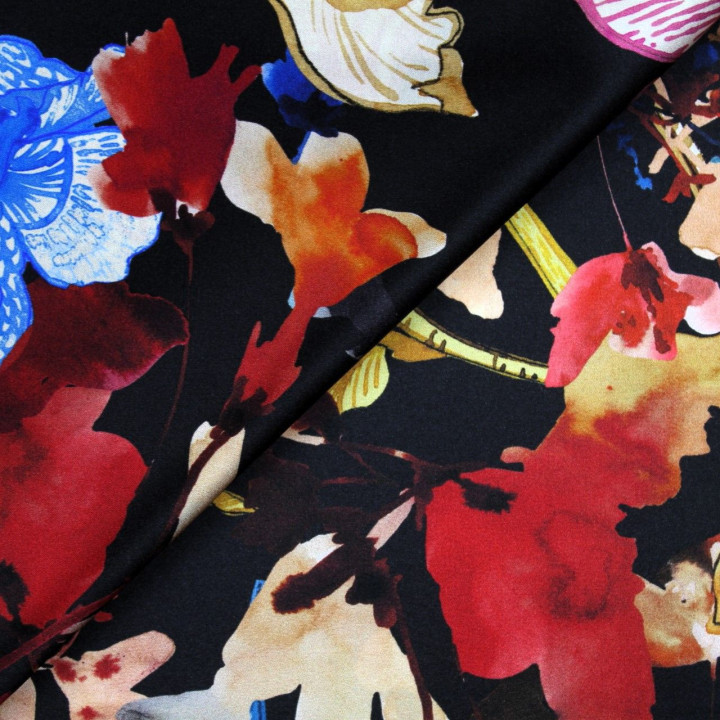 Tissu satin de soie noir imprimé fleuri  - Made in Italy