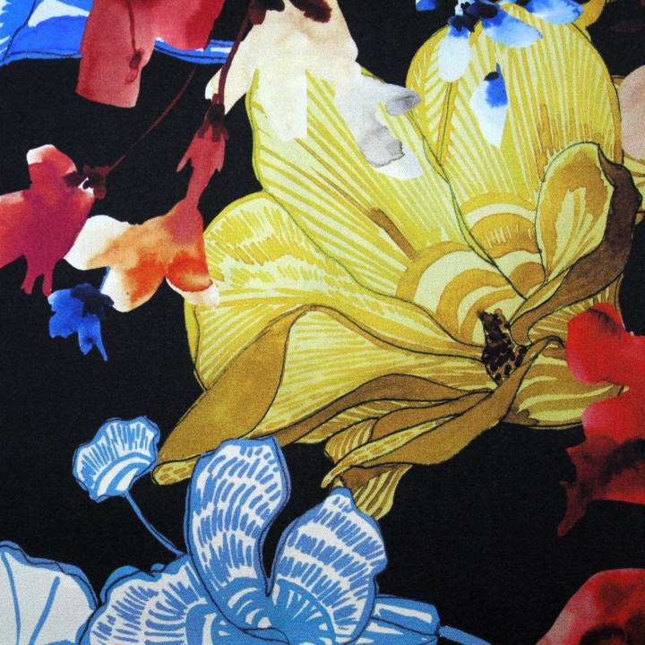 Tissu satin de soie noir imprimé fleuri  - Made in Italy