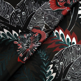 Tissu satin de soie noir imprimé fleuri - Made in Italy