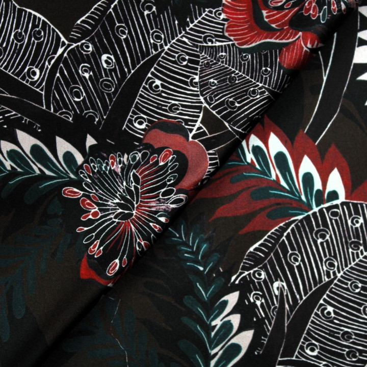 Tissu satin de soie noir imprimé fleuri - Made in Italy
