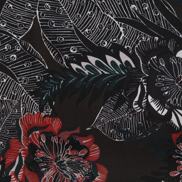 Tissu satin de soie noir imprimé fleuri - Made in Italy