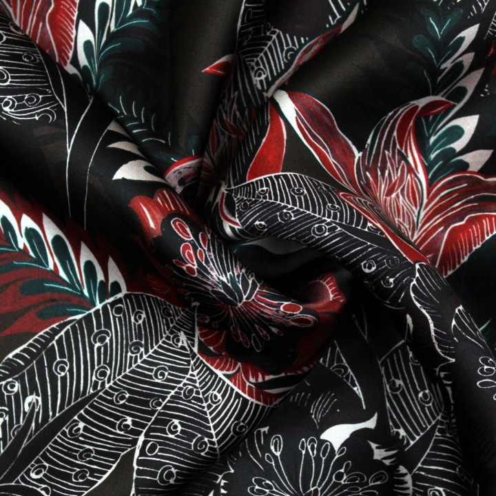 Tissu satin de soie noir imprimé fleuri - Made in Italy