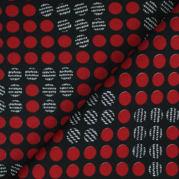 Tissus couture polyester noir imprimé rond rouge et motifs pied de poule