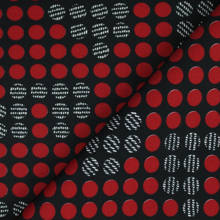Tissus couture polyester noir imprimé rond rouge et motifs pied de poule