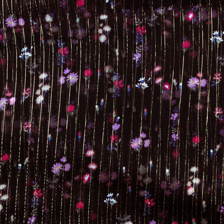 Tissu mousseline de soie aubergine imprimé fleuri