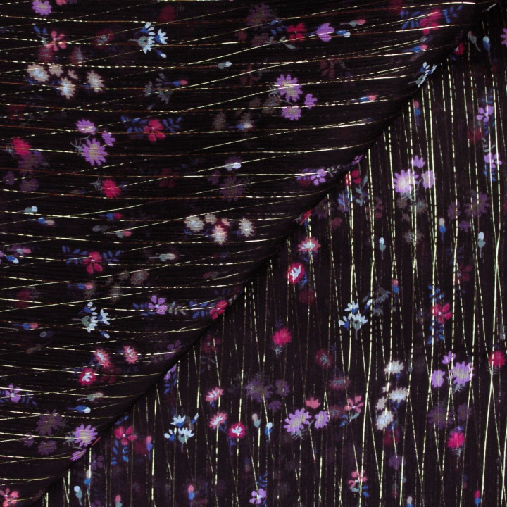 Tissu mousseline de soie aubergine imprimé fleuri