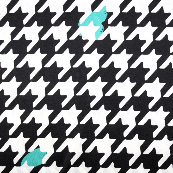 Tissu satin de soie noir imprimé pied de poule blanc - Made in Italy