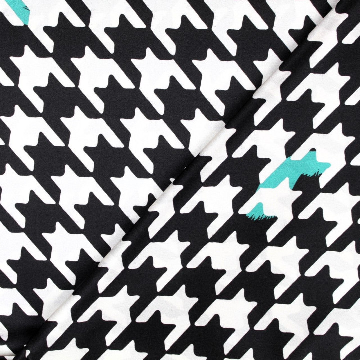 Tissu satin de soie noir imprimé pied de poule blanc - Made in Italy