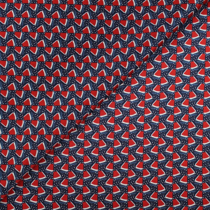 Tissu satin de soie bleu marine imprimé géométrique- Made in Italy