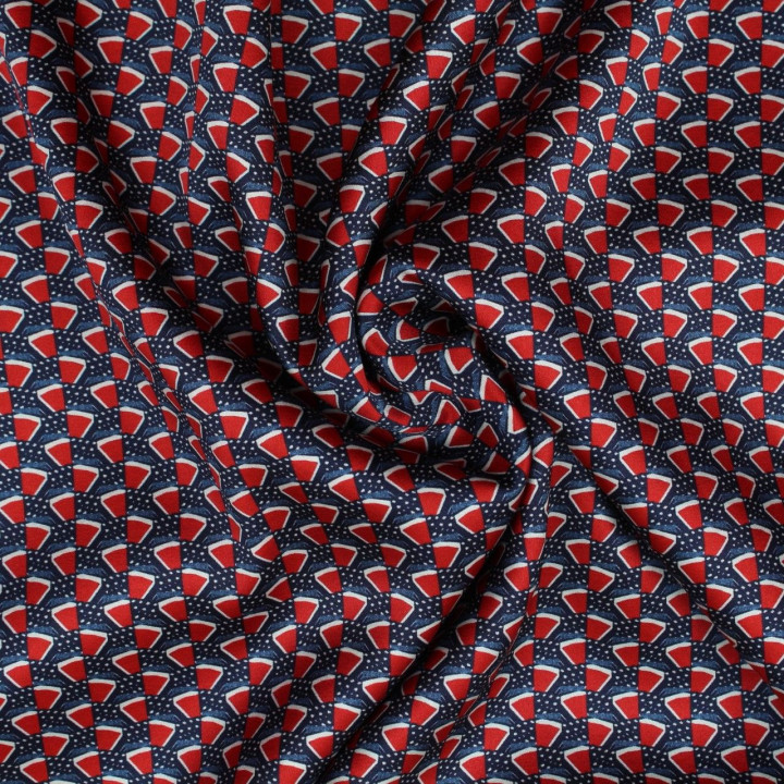 Tissu satin de soie bleu marine imprimé géométrique- Made in Italy