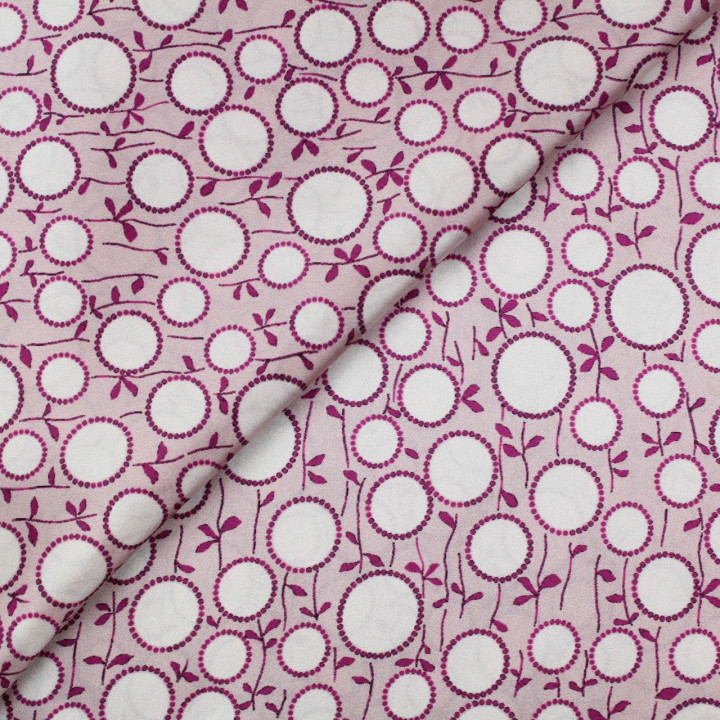 Tissu satin de soie mauve imprimé rond blanc cassé - Made in Italy