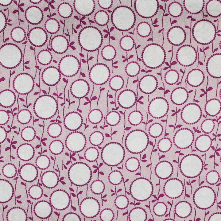 Tissu satin de soie mauve imprimé rond blanc cassé - Made in Italy
