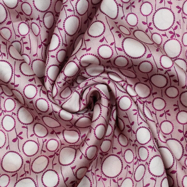 Tissu satin de soie mauve imprimé rond blanc cassé - Made in Italy