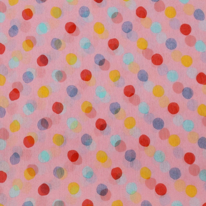 Tissu mousseline de soie rose imprimé rond multicolore