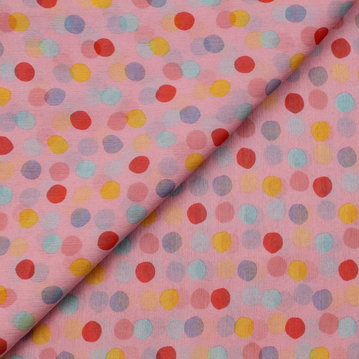 Tissu mousseline de soie rose imprimé rond multicolore