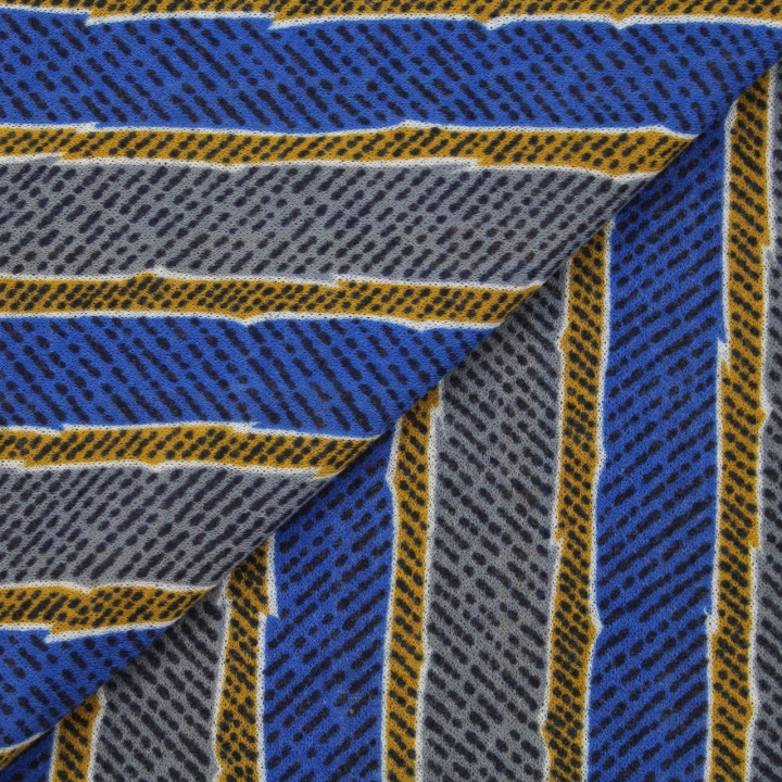 Tissus couture polyester imprimé rayures bleu et gris