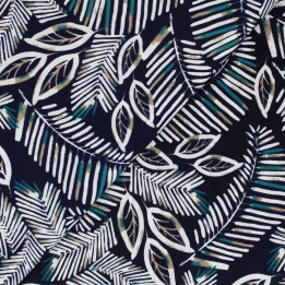 Tissu jersey polyester bleu marine imprimé feuillages