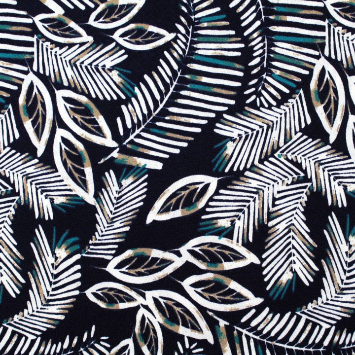 Tissu jersey polyester bleu marine imprimé feuillages