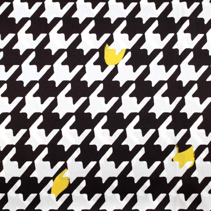Tissu satin de soie écru imprimé géométrique marron et jaune - Made in Italy