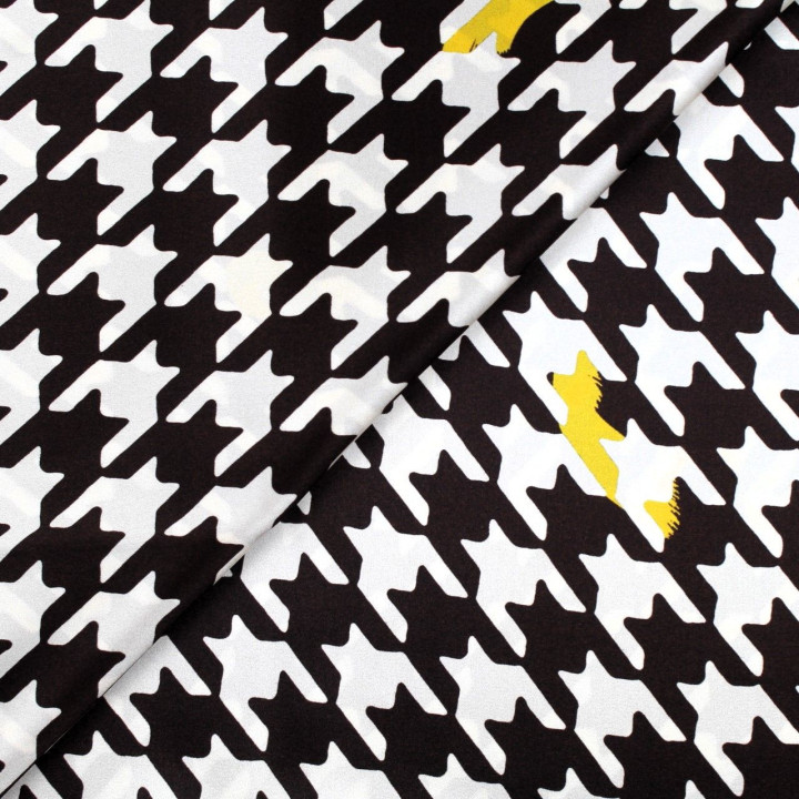 Tissu satin de soie écru imprimé géométrique marron et jaune - Made in Italy