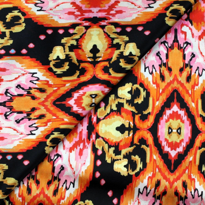 Tissu satin de soie noir imprimé desigual - Made in Italy