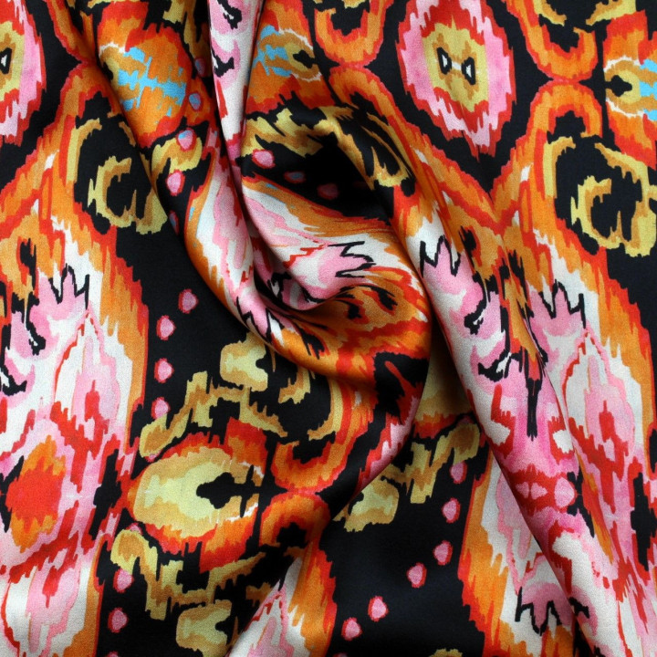 Tissu satin de soie noir imprimé desigual - Made in Italy