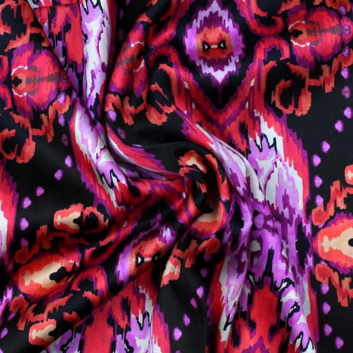Tissu satin de soie noir imprimé desigual - Made in Italy