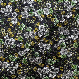 Tissu satin de soie noir imprimé fleuri blanc - Made in Italy