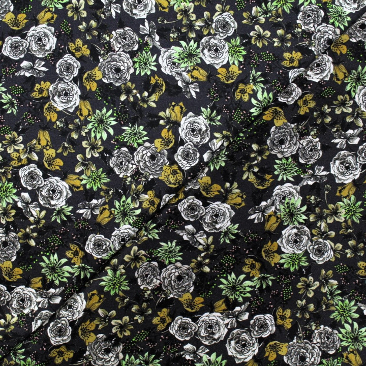 Tissu satin de soie noir imprimé fleuri blanc - Made in Italy