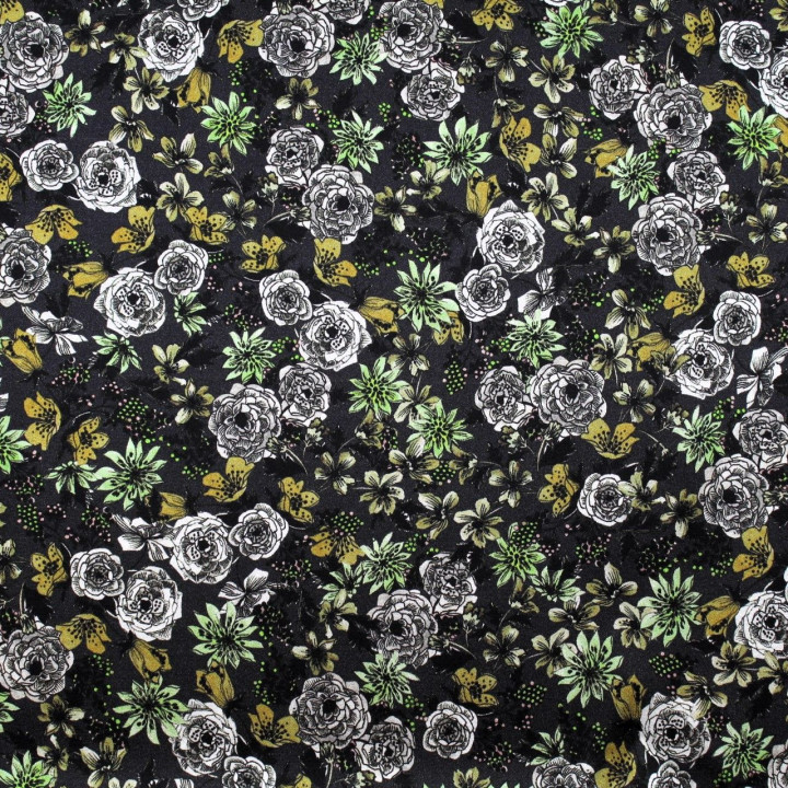 Tissu satin de soie noir imprimé fleuri blanc - Made in Italy