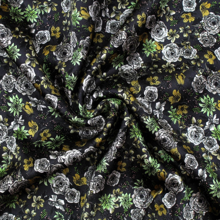 Tissu satin de soie noir imprimé fleuri blanc - Made in Italy