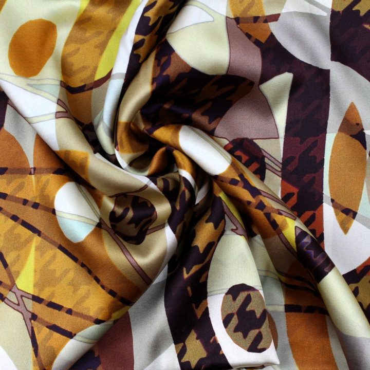 Tissu satin de soie beige imprimé géométrique - Made in Italy