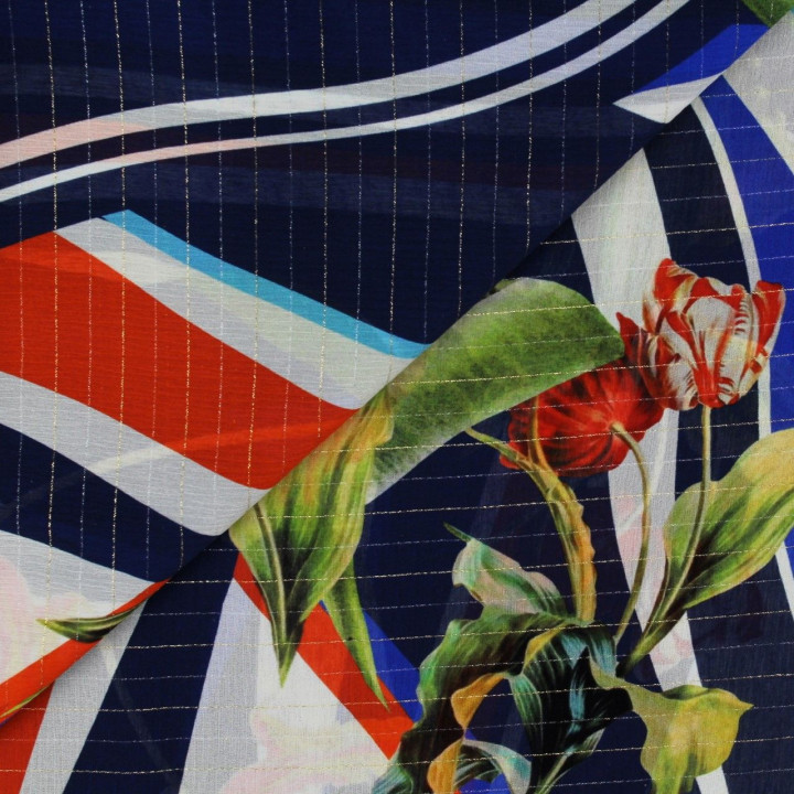 Tissu mousseline de soie écru imprimé fleuri