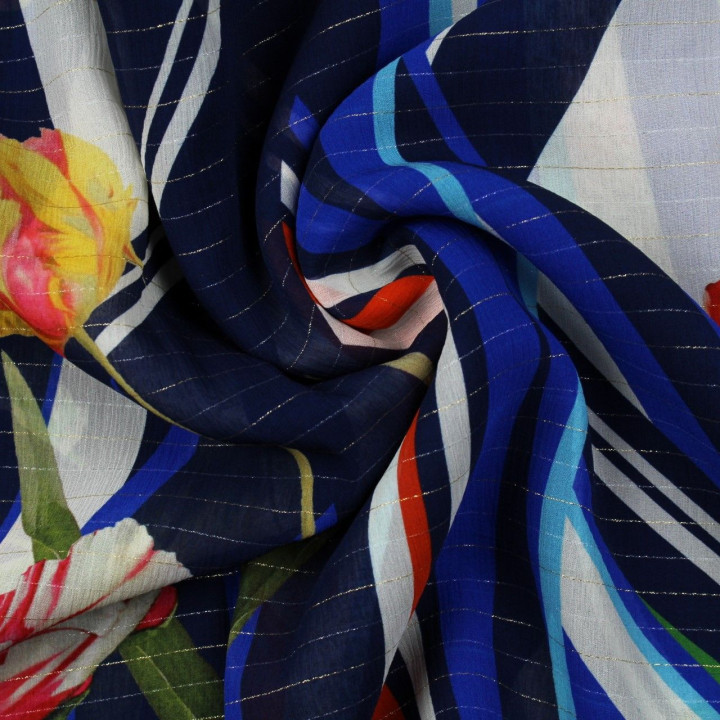 Tissu mousseline de soie écru imprimé fleuri